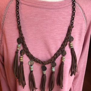 Leather Metal And Natural Stones Necklace Fringe